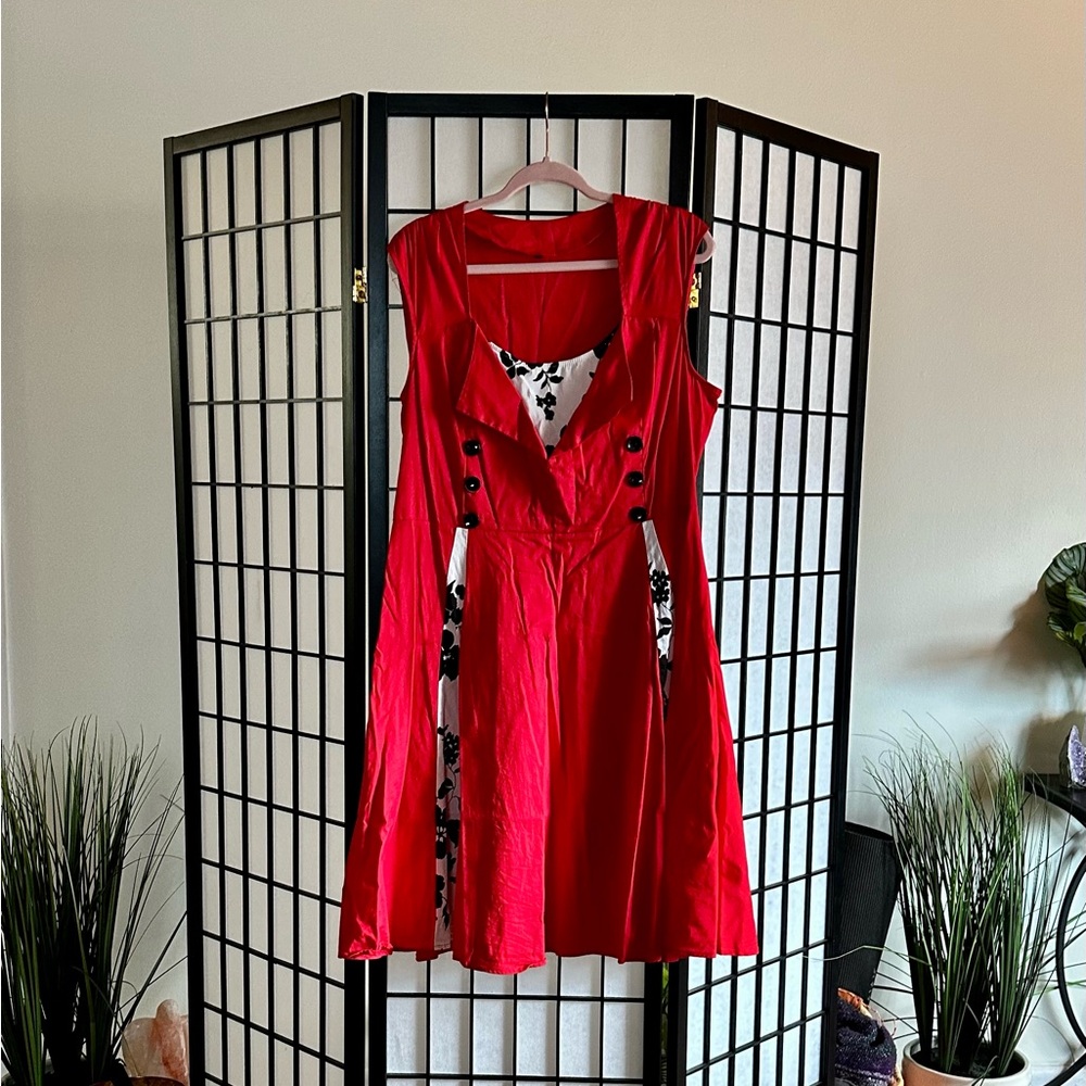 Red Fit & Flare Dress Black White Floral Panels Tagged 6X Fits 3X